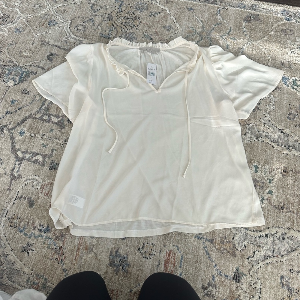 LOFT Tie‑Neck Ruffled Blouse, Ivory Medium NWT